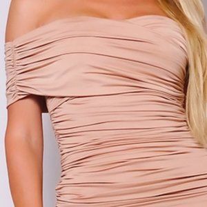 Ruched Off Shoulder Mini Dress